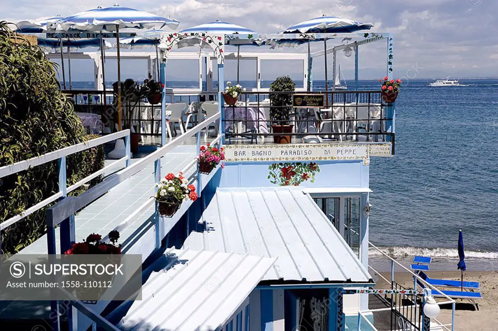 Italy, island Ischia, Ortsteil postage, beach-restaurant, Mediterranean, golf of Naples, tourism-place, beach, restaurant, balcony, roof-terrace, rest...