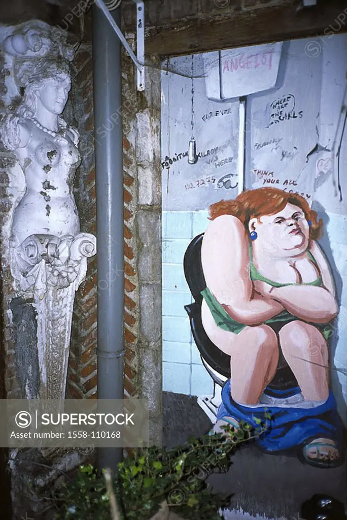 Belgium, Antwerp, wall, painting, woman, thickly, toilet, sits, no property release, wall, wall-painting, paintings, art, type, artists unknown,