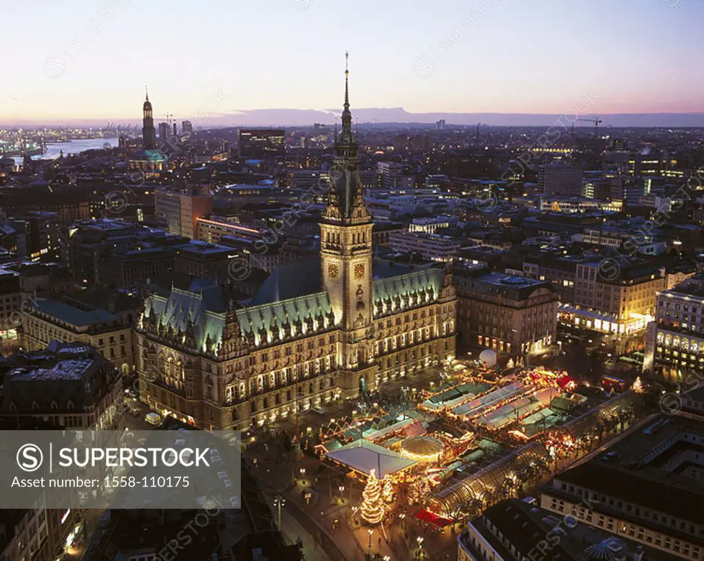 Germany, Hamburg, city-overview, town hall-market, Christmas-market, town hall, twilight, winters, Europe, Northern Germany, city, Hanseatic town, cit...