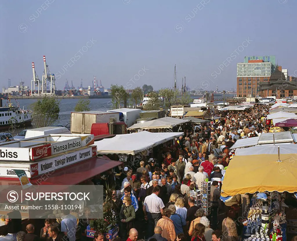 Germany, Hamburg, fish-market, booths, passers-by, Elbe, summers, no models Northern Germany, city, Hanseatic town, city, release, Europe, economy, ma...