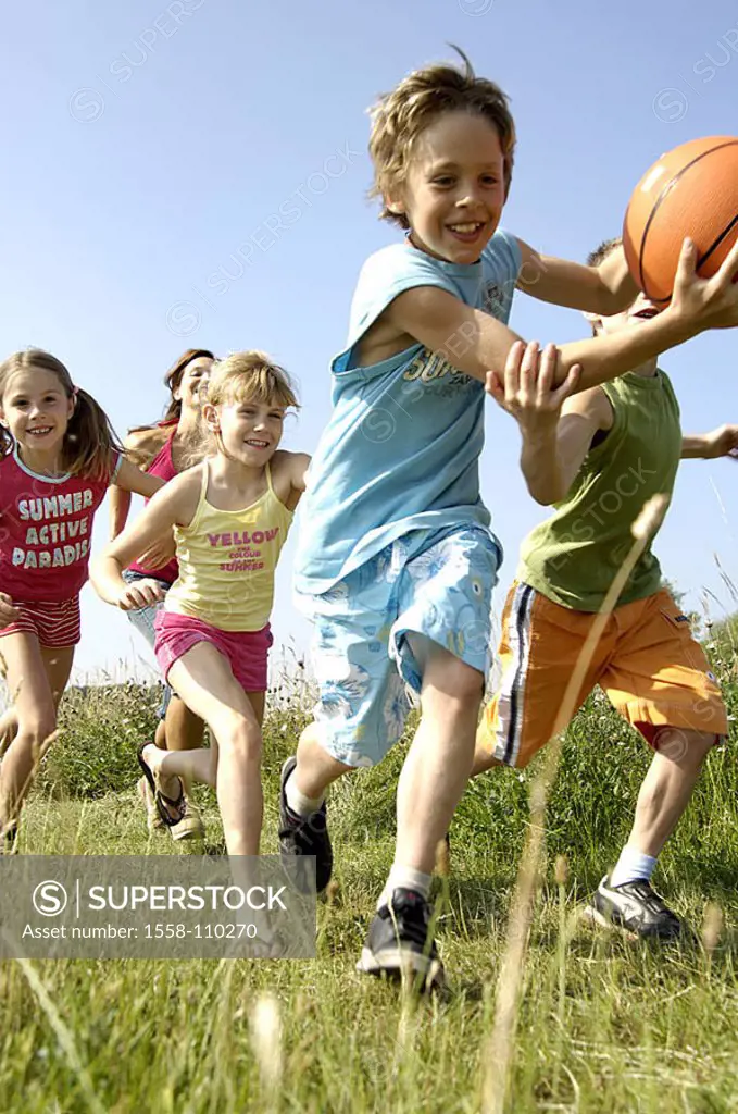 Meadow, mother, children, ball, plays, cheerfully, series people woman, girls, boys, movement, runs, ball-game, together, joy fun enjoyments, omitted,...