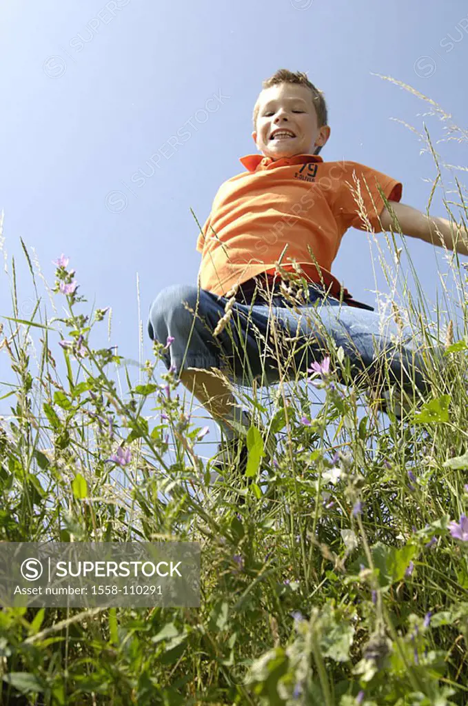 Meadow, boy, air-jump, broached, from below, series, people, 8-10 years, child, grass, grass, movement, jump, gaze camera, cheerfully, enjoyments, omi...