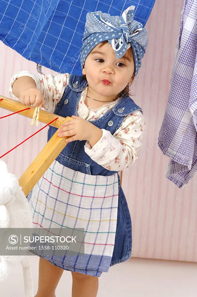Girls, disguise, housewife, clothes racks, clothes pin, series, people, portrait, child, toddler, 3-4 years, childhood, fun, joy, enjoyments, imitatio...