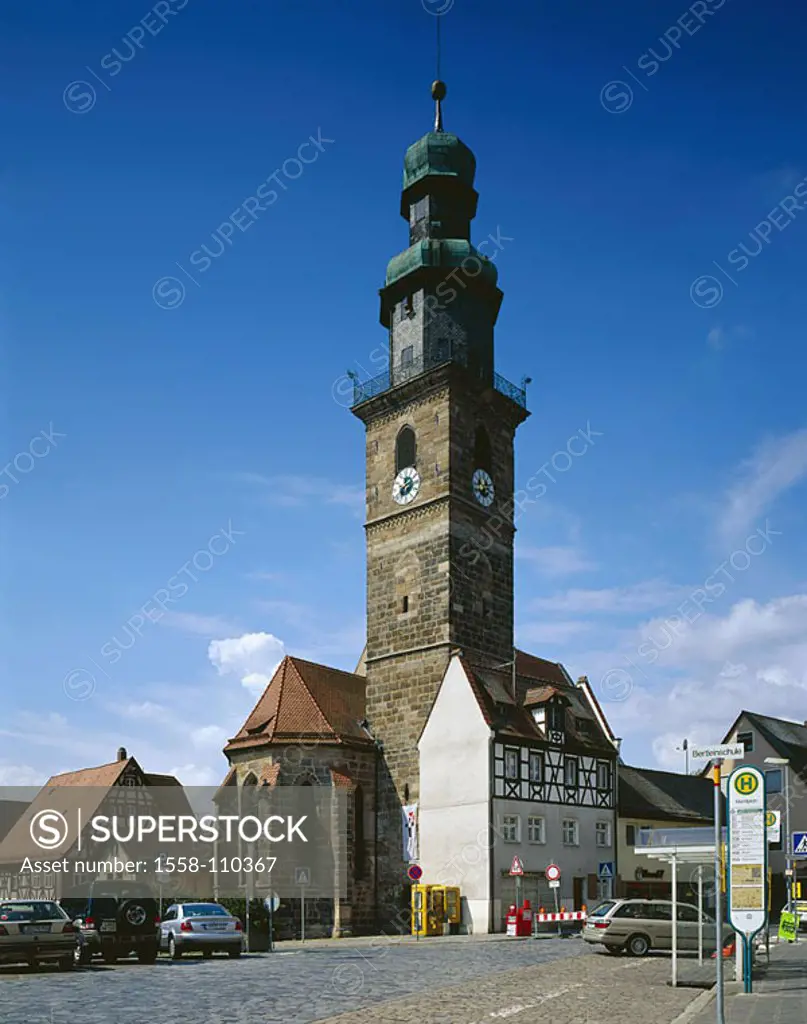 Germany, Bavaria, run from the Pegnitz, market place, Sankt-Johannis church, market place, houses, parish-church, steeple, construction, sight,