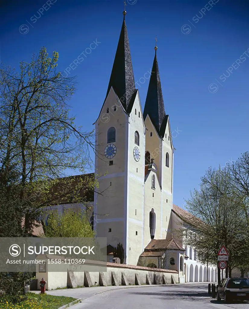 Germany, Bavaria, market Indian-village, parish-church Maria Himmelfahrt, church, steeples, twin-towers, construction, architecture, sight,