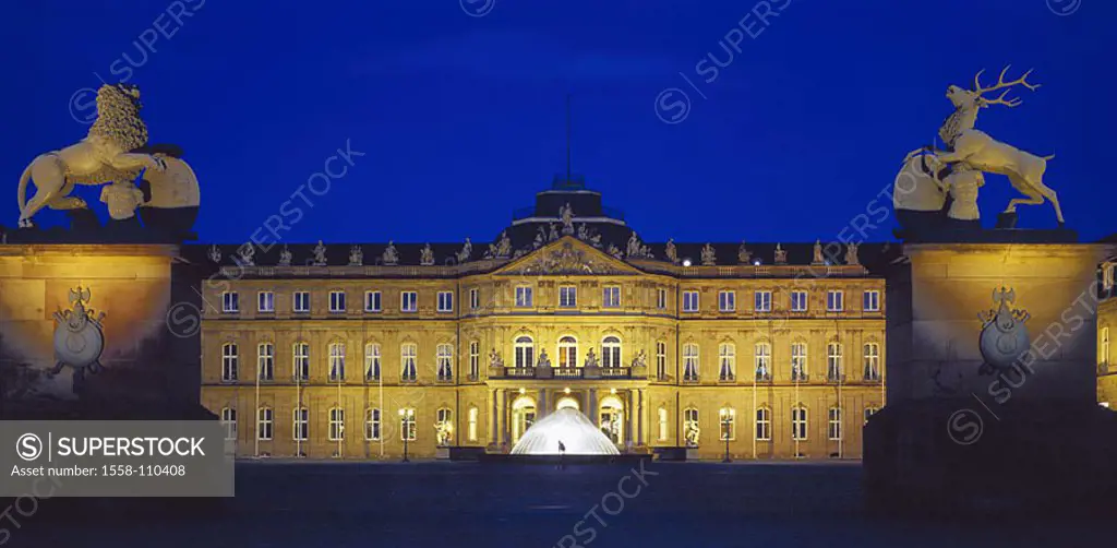 Germany, Baden-Württemberg, Stuttgart, new palace, entrance, coat of arms-animals, illumination, evening, palace-place, palace-buildings, construction...