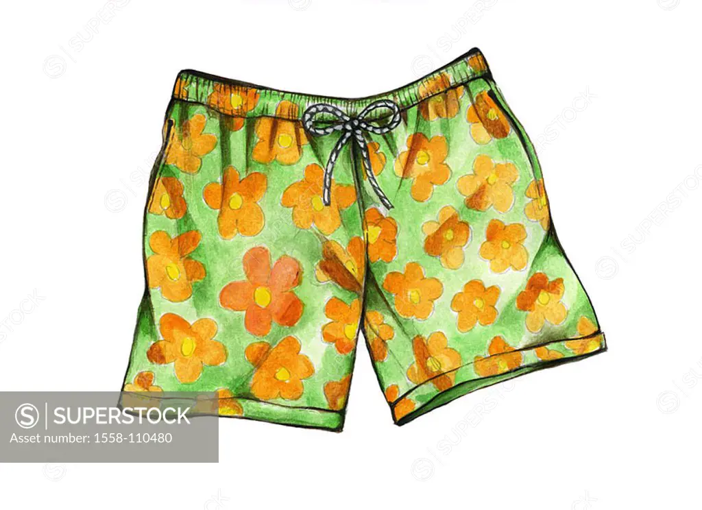 Illustration, Bermudas-hoard, green-orange, flowery, graphics, drawing, watercolor, pants, Bermuda-pants, Bermudas, man-underpants, boxer-shorts, trun...
