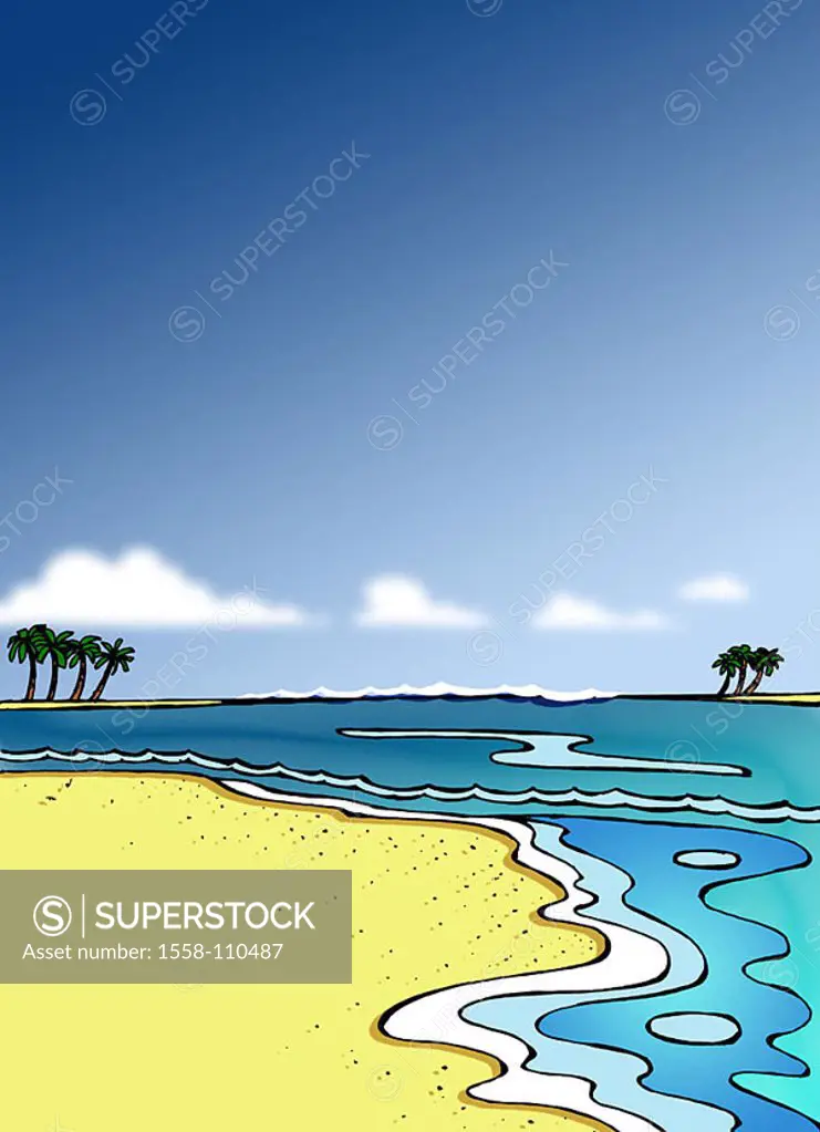 Illustration, beach, sea, islands, graphics, drawing, watercolor, beach, sandy beach, palms, palm-islands, neighbor-islands, human-empty, untouched, c...