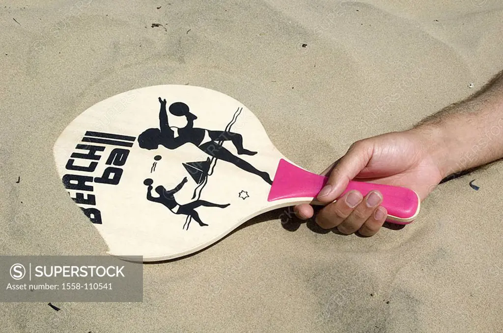 Sandy beach, men´s-hand, Beachballschläger, people, man, hand, wood-clubs, holds, symbol, Beachball, sport, leisure time, hobby, activity, leisure tim...