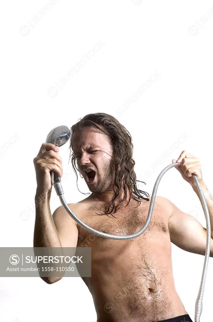 Man, takes a shower, gesture, sings, cheerfully, semi-portrait, series, people, 30-40 years, long-haired, upper bodies freely, shower-head, holds, spr...