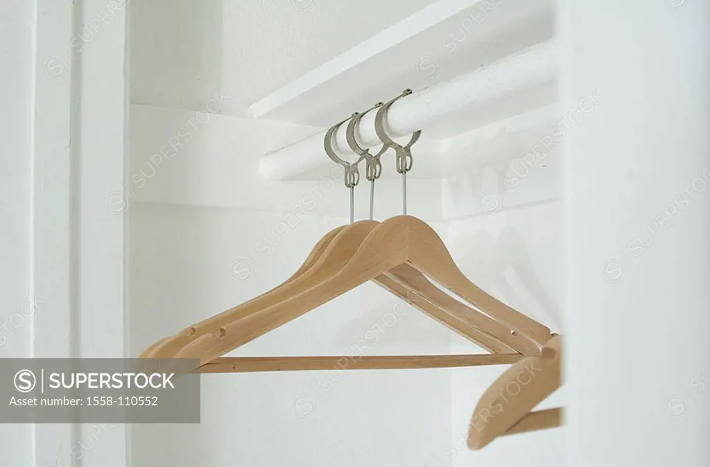 Closet, detail, clothes-pole, hangers, empty, wardrobe, cloakroom, pole, clips, wood-clip, symbol, order, hangs up, clears up, concept, moves out, sep...