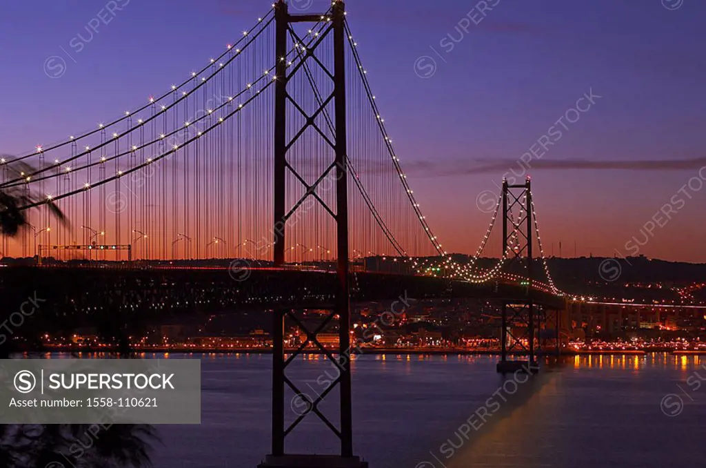 Portugal, Lisbon, city-opinion, bridge of the 25  April, illumination, river Tejo, sunset, series, Europe, Western Europe, Iberian peninsula, city, ca...