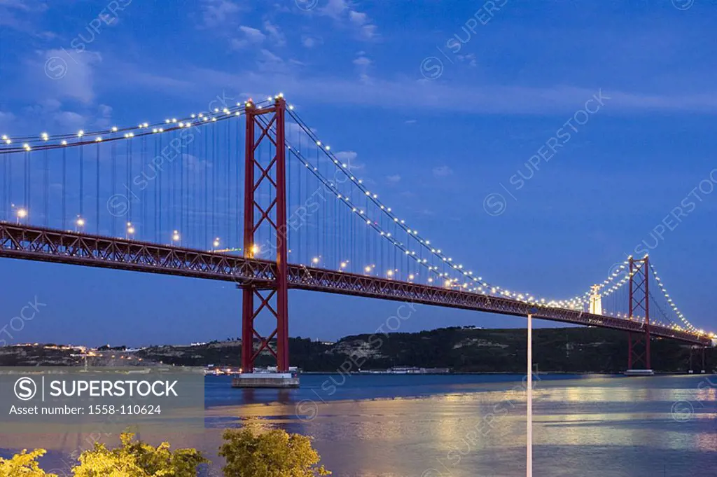 Portugal, Lisbon, city-opinion, bridge of the 25  April, illumination, river Tejo, evening, series, Europe, Western Europe, Iberian peninsula, city, c...