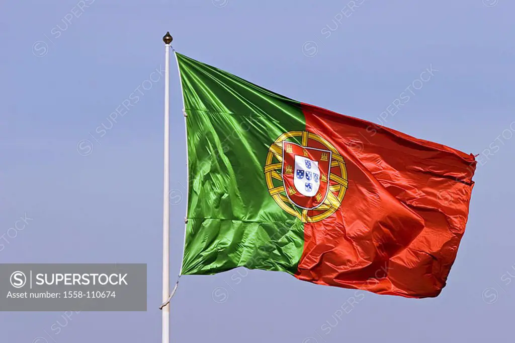 Flagpole, national-flags, Portugal, flag, flag, ensign, national-colored, green, red, coats of arms, wind, breezy, blows, outside, concept, patriotism...