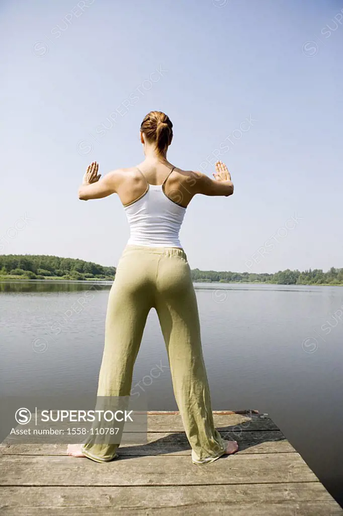 Woman, young, bridge, stands, straddle, gesture, poor, lake view, back-opinion, series, people, quite-bodies, 24 years, 20-30 years, brunette, long-ha...