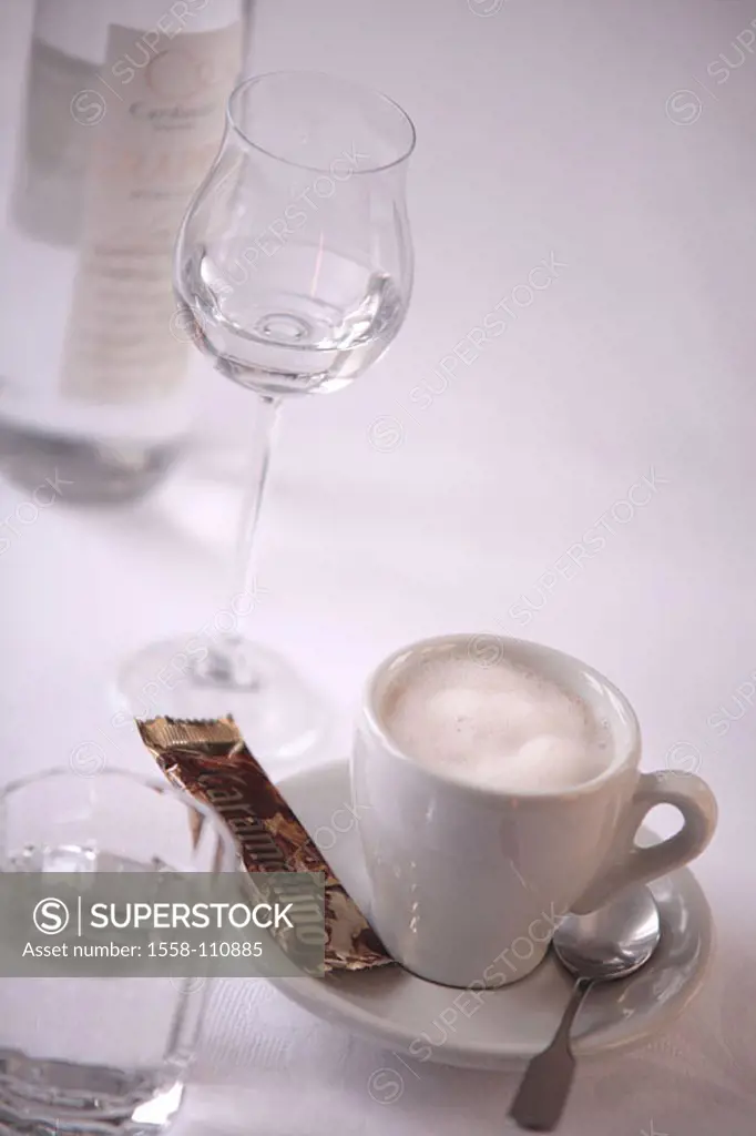 Cafe, table, Espresso, tumbler, Grappa, coffee-cup, coffee, milk-foam, coffee-kind, cookie, Caramellino, tumbler, water, sugar-shakers, sugar, glass, ...