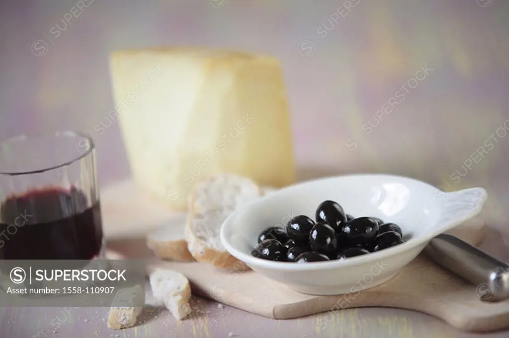 Wood-board, cheese, white bread, peel, olives, red wine-glass, bread-time, snack, glass, red wine, beverage, alcohol, milk-product, hard-cheese, white...