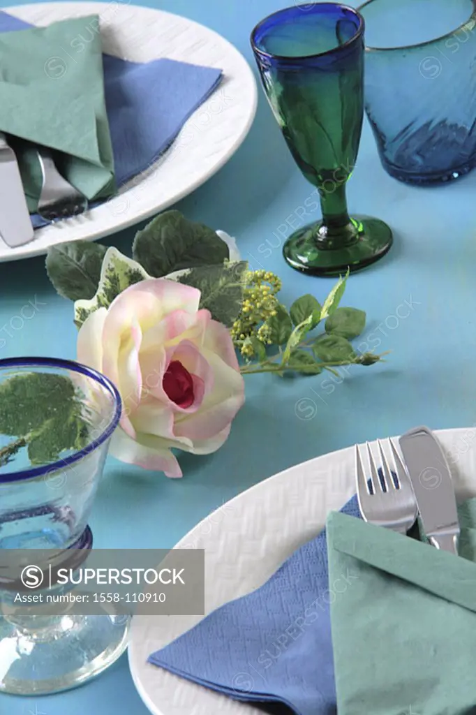 Table, covered, festively, detail, tablecloth blue, glasses, tumblers, Essteller, silverware, paper-napkins, napkins, clean, unused, folded flower blo...