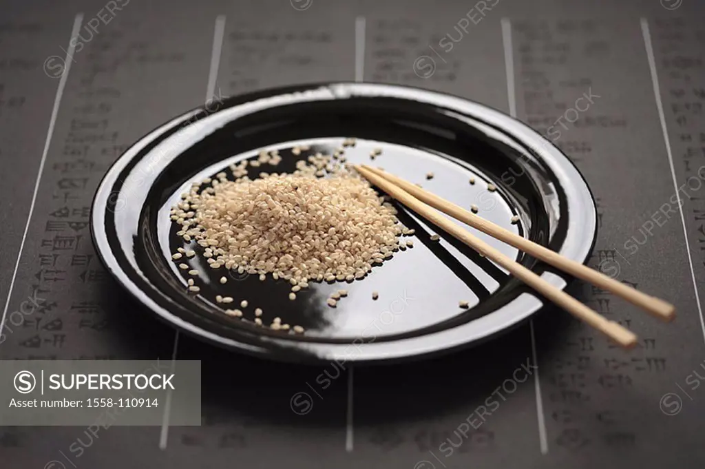 Place-set, plates, black, round-grain-rice, chopsticks, set, stocky, characters Japanese, Essteller, rice, rice-grains, raw, uncooked, symbol, food, A...