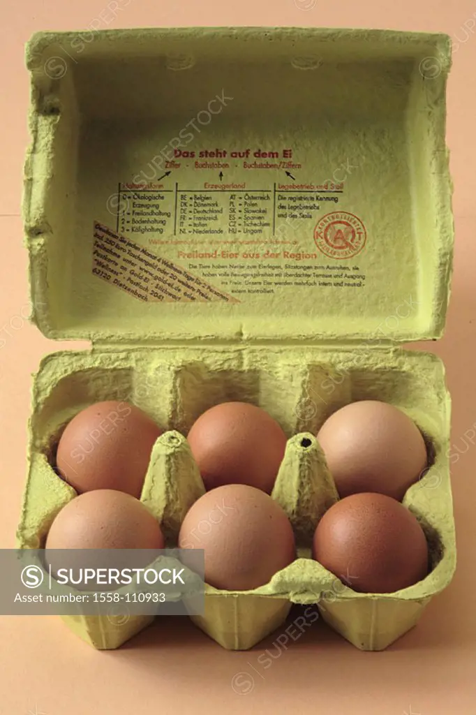 Eierkarton, openly, hen-eggs, brown, Eierschachtel, eggs, fragile, 6er packets, package, protection, grade, package, imprint, hint, explanation, consu...