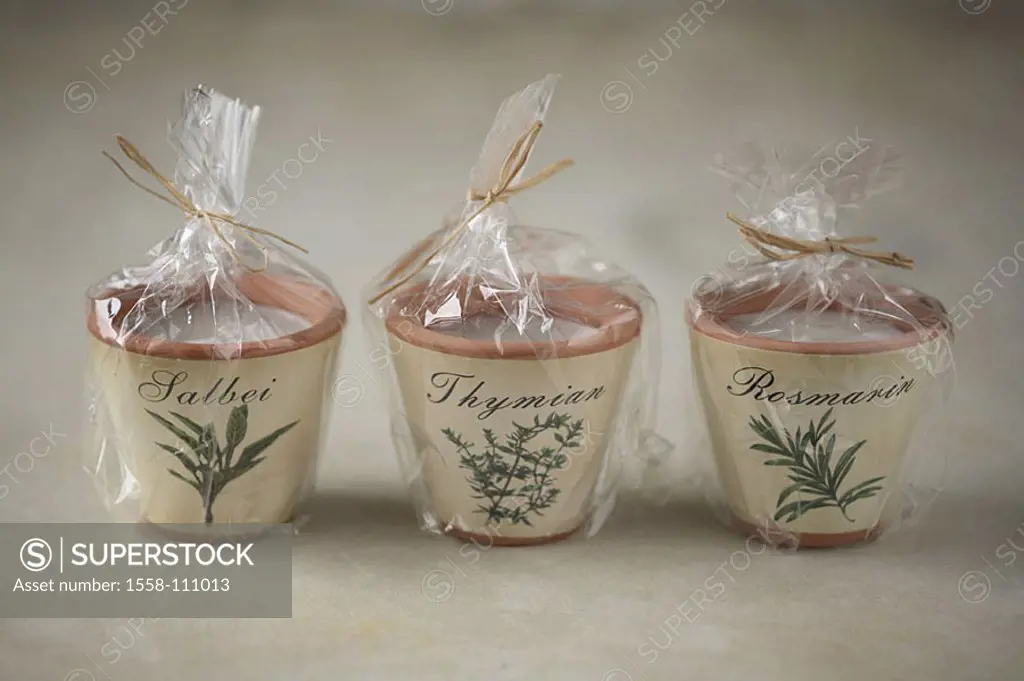 Scent-candles, differently, package, clear-view-foil, candles, wax candles, pots, illustration, herbs, sage, thyme, rosemary, cellophane-paper, packed...