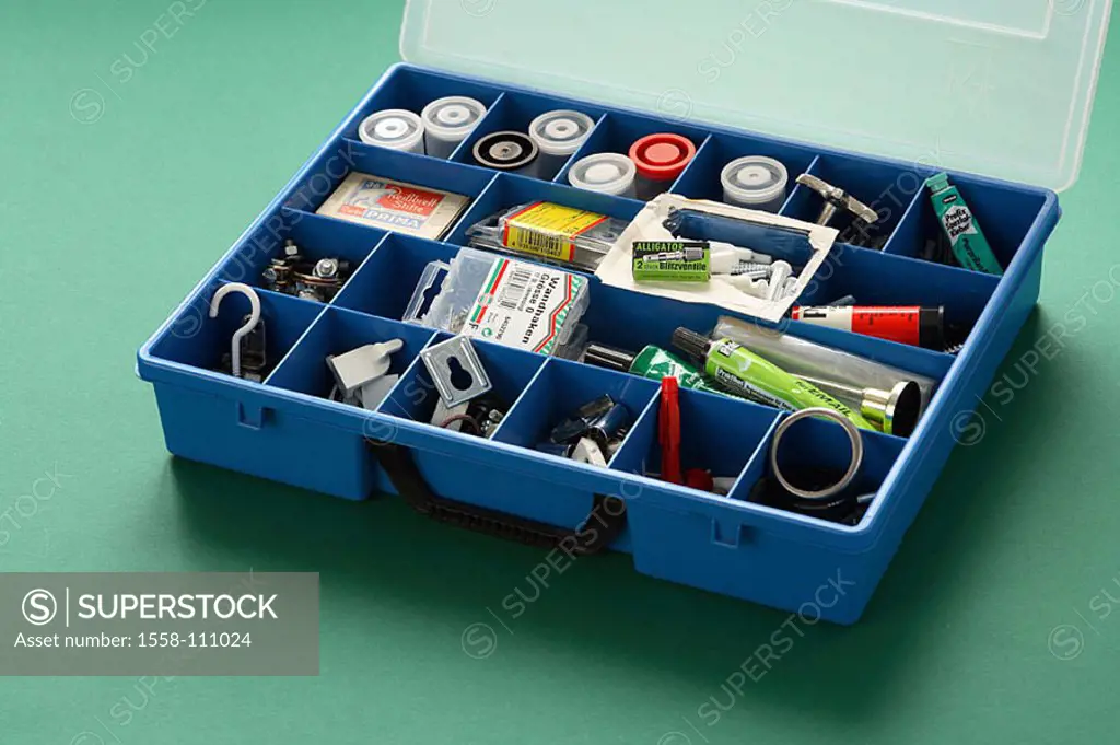 Tool-box, departments, small-junk, box, blue, openly, divided up, shared, screws, glue, dowels, film-roles, cleared up, sorts, symbol, order, system, ...