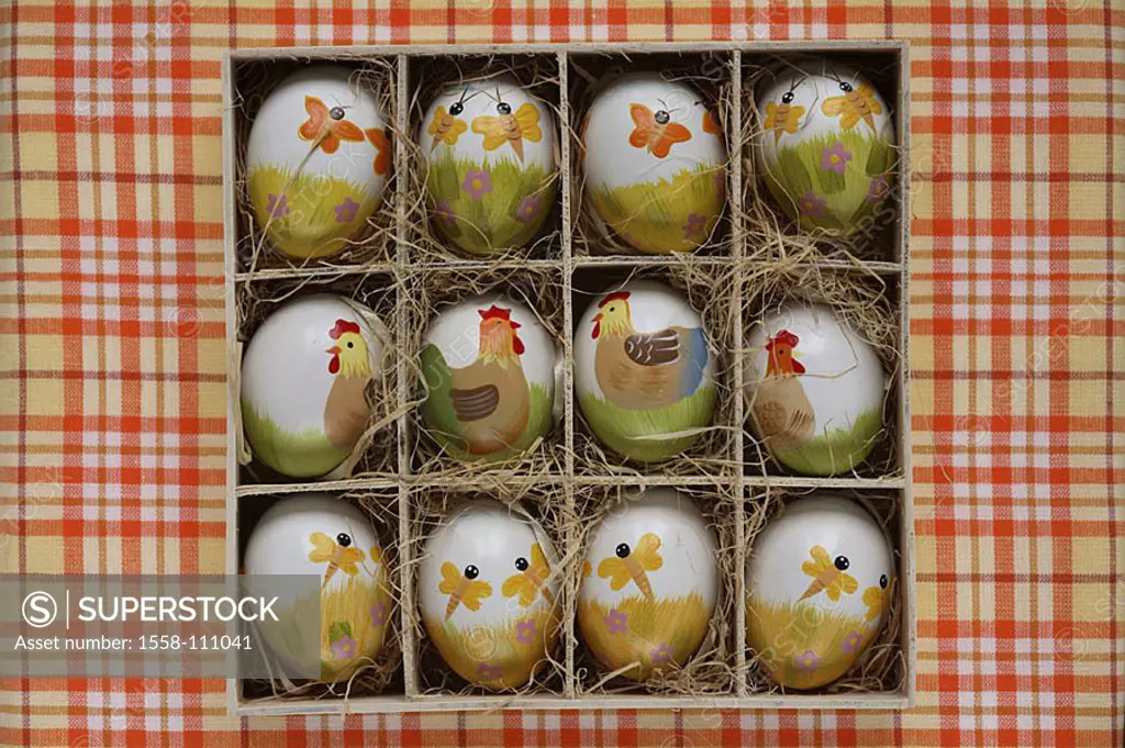 Easter, wood-box, straw, storage, Easter eggs, colorfully, hand-paints chip-wood-box, from above wood-box, departments, assortment, eggs paints, color...