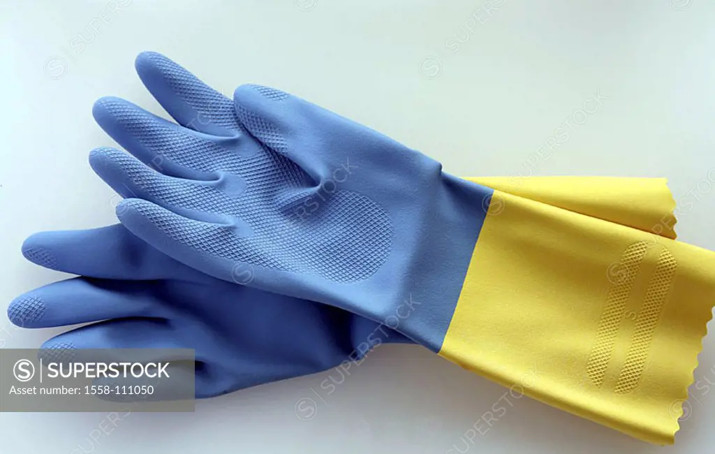 Finery-gloves, blue-yellow, rubber-gloves, protection-gloves, in two colors, symbol, cleaning, tidiness, hygiene, cleaning, house clean, household, ho...