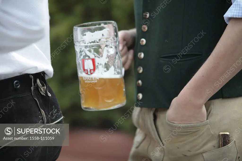 Germany, Bavaria, men, official dress, detail, beer mug, people, Trachtler, aspiration-clothing, holds stands, leather shorts, beer-glass, beer, hold ...