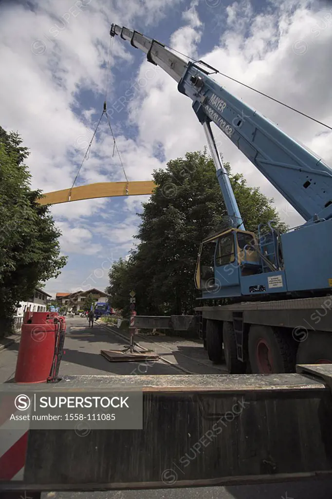 Construction works lift street, crane, outriggers, wood-bearers, building site, house-construction construction special-vehicle construction-vehicle g...