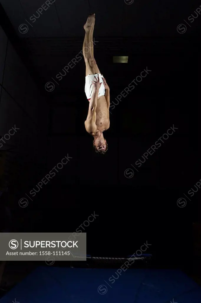 Rainer Higgelke, pro-gymnasts, personality-rights, trampoline-jumpers, heed jump, headlong, stretched somersault, series, people, upper bodies freely,...