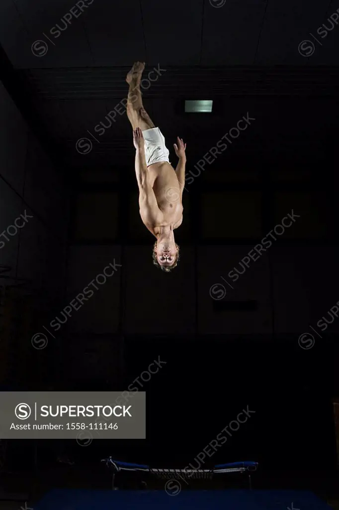 Rainer Higgelke, pro-gymnasts, personality-rights, trampoline-jumpers, heed jump, headlong, stretched somersault, series, people, upper bodies freely,...