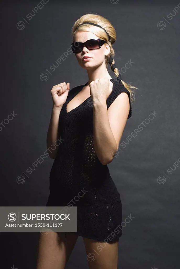 Woman, young, blond, sun glass, stands, pose, series, people, 20-30 years, sexy, long-haired, braid, hairband, mini-dress, black, gaze camera, 60er ye...