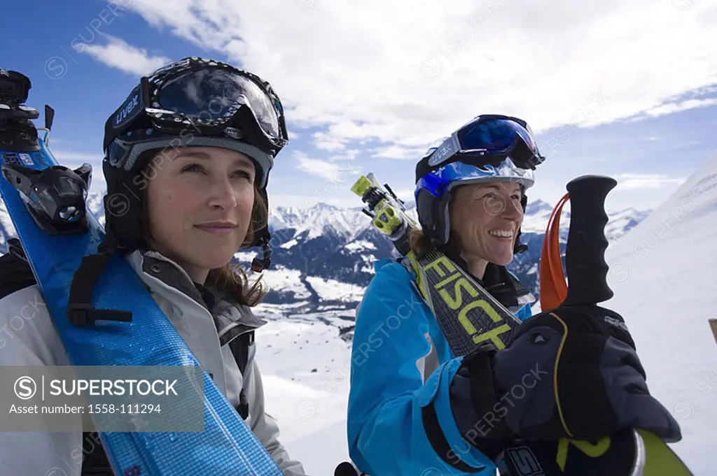 Highland-shaft, fresh snow, skier-inner, goes, carries uphill, skis, view, portrait, enjoys series, mountains people women ski-clothing helmets, ski g...