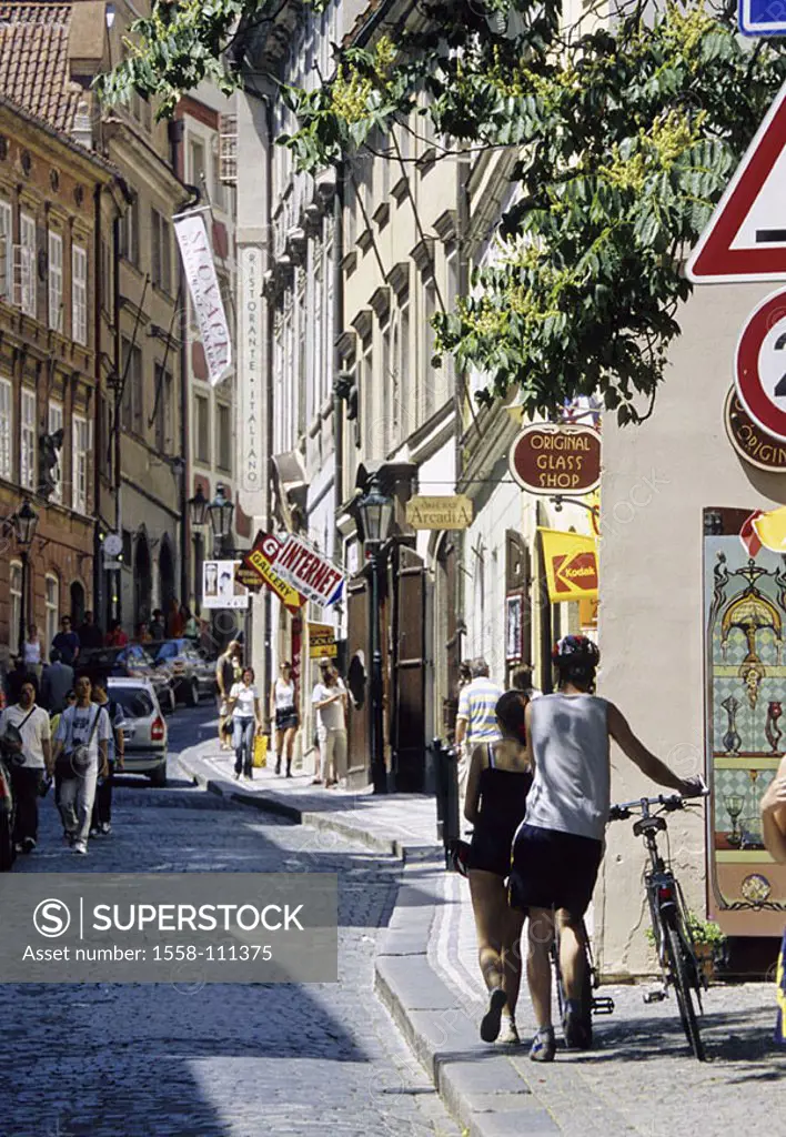 Czech republic, Prague, Nerudova Street, tourists, capital, Mala Strana, purchase-street, alley, cobblestones, pedestrians, passers-by, businesses, so...
