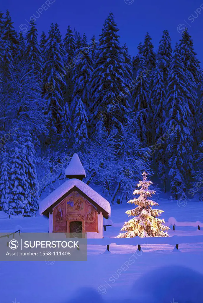 Germany, waiter-Bavaria, Elmau, chapel, Christmas-tree, illumination, night, winters, Bavaria, close to middle-forest, forest-edge, church buildings s...