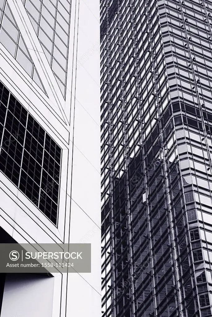 Skyscrapers, detail, glass-facades, monochrome, Hong Kong, Asia, China, 03/2006