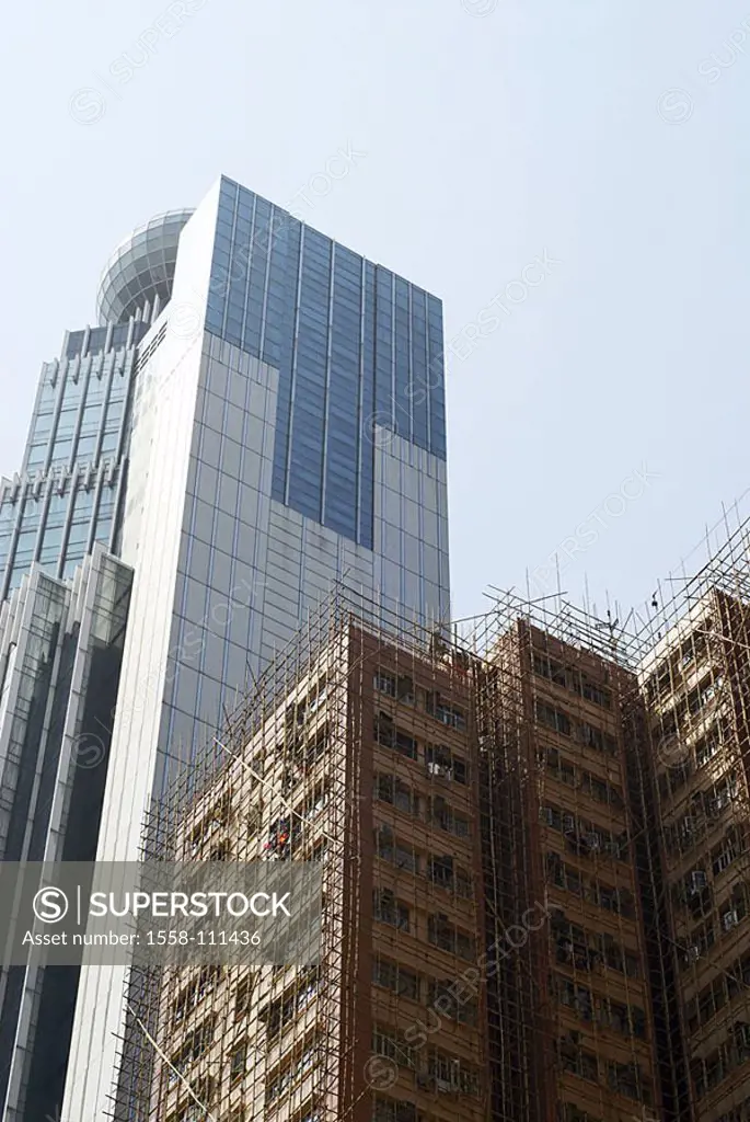 High-rise, residence, contrast, old, new, modern, traditionally, detail, glass-facades, heavens, bamboo-framework, framework, bamboo, Hong Kong, Asia,...