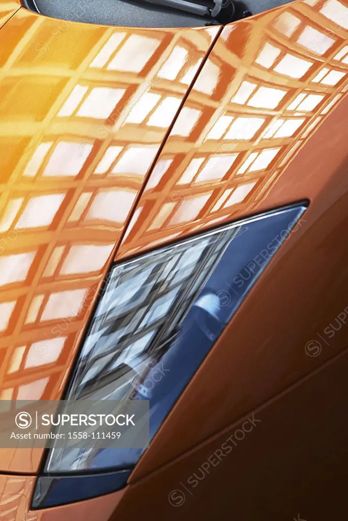 Car, detail, front, cowling, Lamborghini Murciélago LP640, parked reflection, Reflektion orange urbane, windows, headlights, xenon, xenon-headlights, ...
