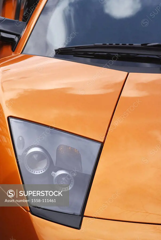 Car, detail, front, cowling, Lamborghini Murciélago LP640, parked reflection, Reflektion orange urbane, heavens, clouds, windscreen, headlights, xenon...