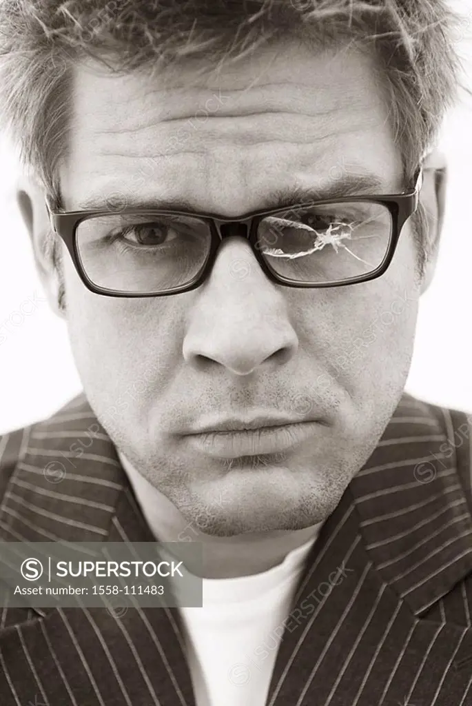 Man, 30-40 years, face, eyes, gaze, badly, glasses, broken, portrait, s/w, monochrome, sepia, 05/2006