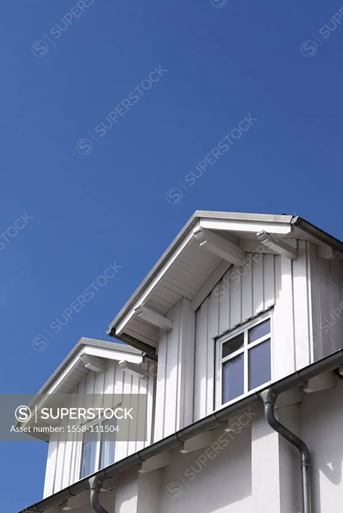 Bäderarchitektur, house, Dachgaube, windows, gutter, drain pipe, heavens, white, blue, Germany, Mecklenburg-Western Pomerania, reprimands, Binz, 04/20...
