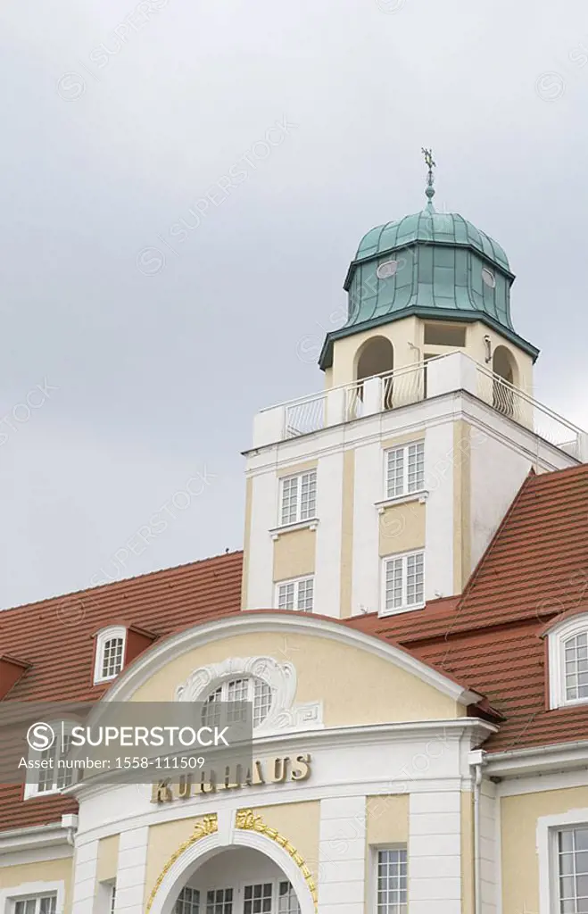 Cure-house, detail, entrance, columns, round-bow, windows, roof, roof-district-Ben, turrets, dome, heavens, Germany, Mecklenburg-Western Pomerania, re...