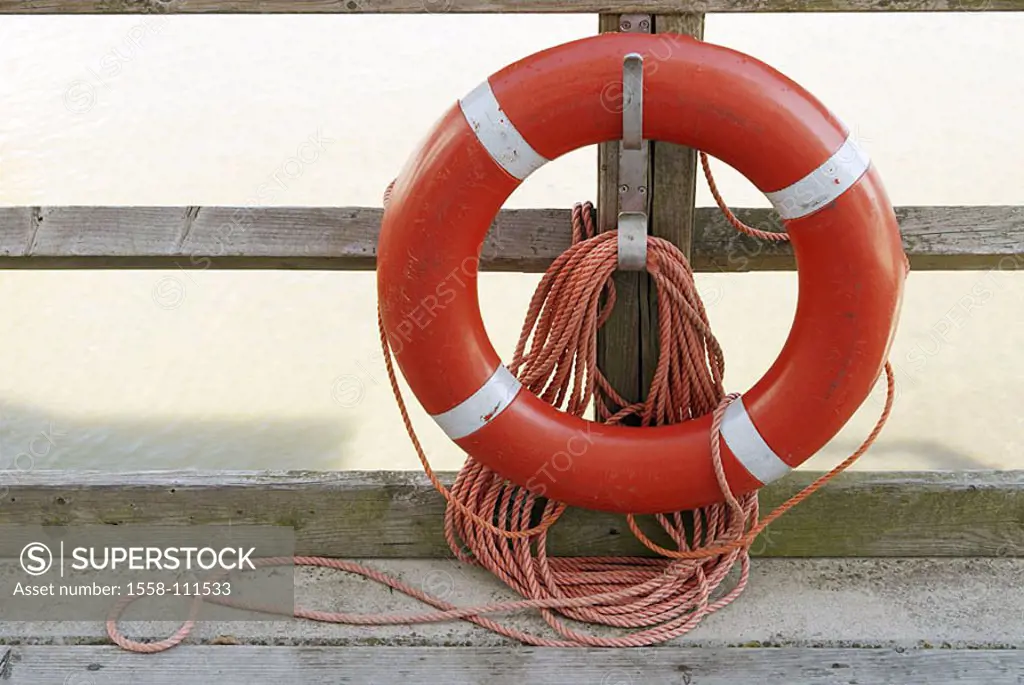 Life-preserver, detail, swimming-ring, suspension, dew, hand-rails, red, white, 04/2006