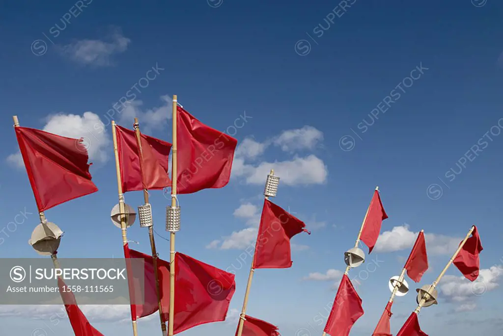 Flags, pennants, flagpoles, heavens, clouds, red, Germany, Mecklenburg-Western Pomerania, reprimands, Baabe, 04/2006