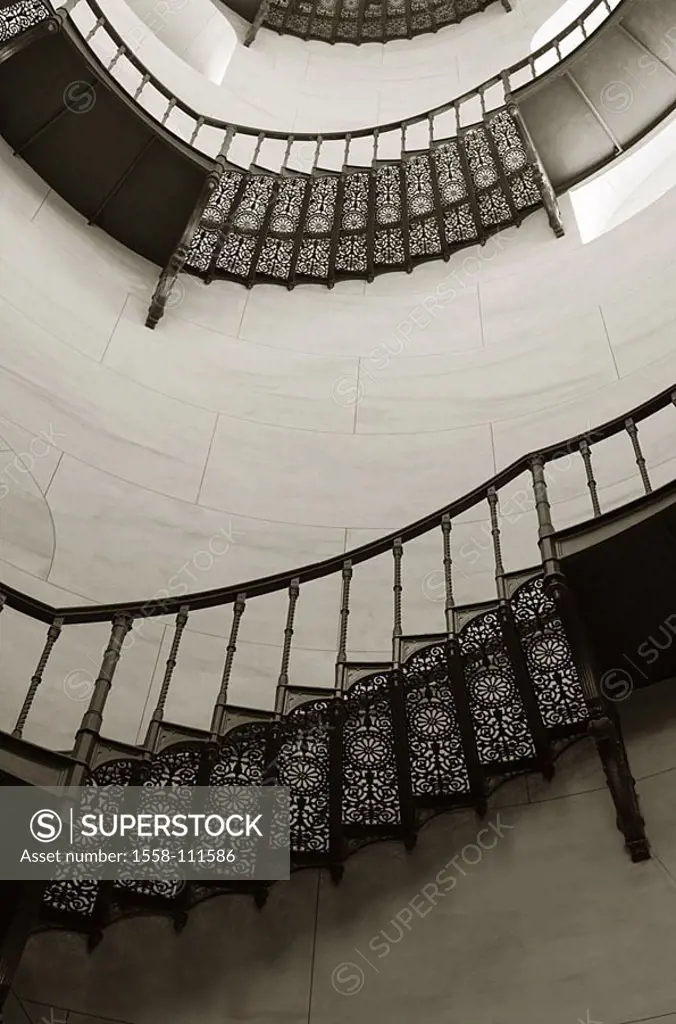 Helix-stairway, ascent, podium, wall, steps, hand-rails, cast-iron, Germany, Mecklenburg-Western Pomerania, reprimands, Granitz, hunt-palace, 04/2006