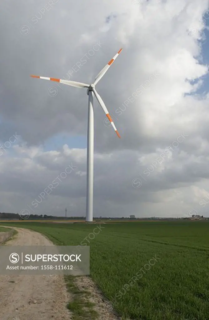 Wind-wheel, field, fields, heavens, clouds, Germany, North Rhine-Westphalia, 06/2006
