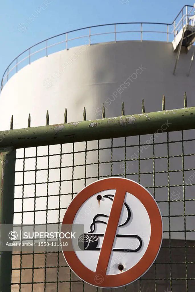 Smoking, sign, prohibited pictogram, Absperrzaun oil-tank hand-rails heavens blue, 04/2006, nonsmokers, nonsmoker-protection,