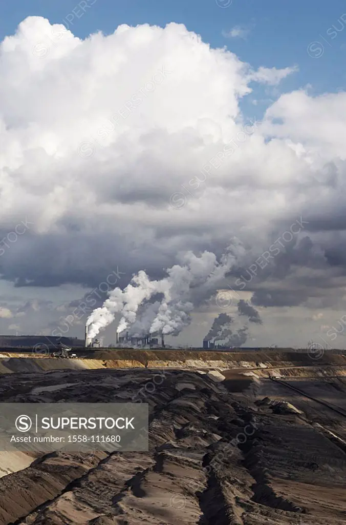 Lignite-reduction, coal-fired power station, smoke, smoke, steam, chimneys, chimneys, heavens, clouds, Germany, NRW, North Rhine-Westphalia, Garzweile...