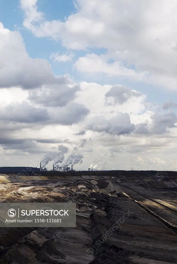 Lignite-reduction, coal-fired power station, smoke, smoke, steam, chimneys, chimneys, heavens, clouds, Germany, NRW, North Rhine-Westphalia, Garzweile...
